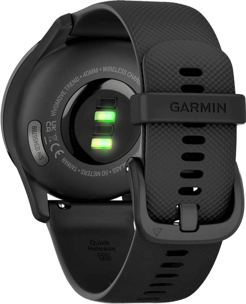 Garmin Vivomove Trend smartwatch with a sleek black silicone band and a modern digital display.