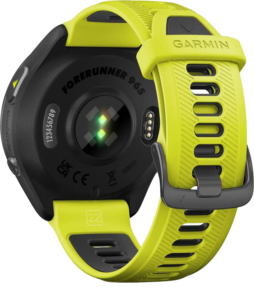 Garmin Forerunner 965 GPS sports watch with black silicone strap and digital display, designed for fitness and outdoor activities.