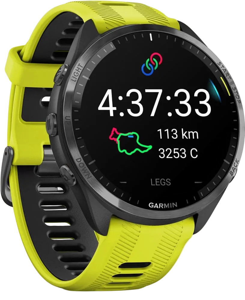 Garmin Forerunner 965 GPS watch accessory with sleek design, black strap, and digital display for fitness tracking.