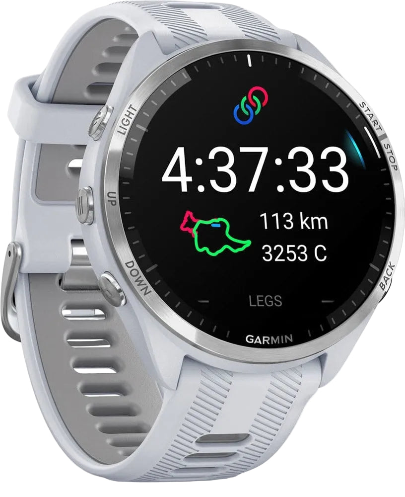 Garmin Forerunner 965 GPS watch accessory with sleek design, black band, and digital display showing fitness metrics.