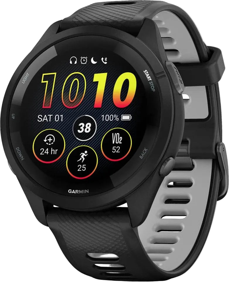 Garmin Forerunner 265 GPS watch accessory, with a sleek black strap and digital display showing fitness metrics.