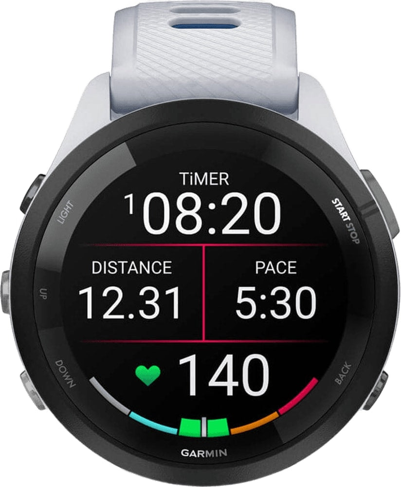 Garmin Forerunner 265 GPS watch accessory with charging cable and wristband components, designed for fitness tracking and running.