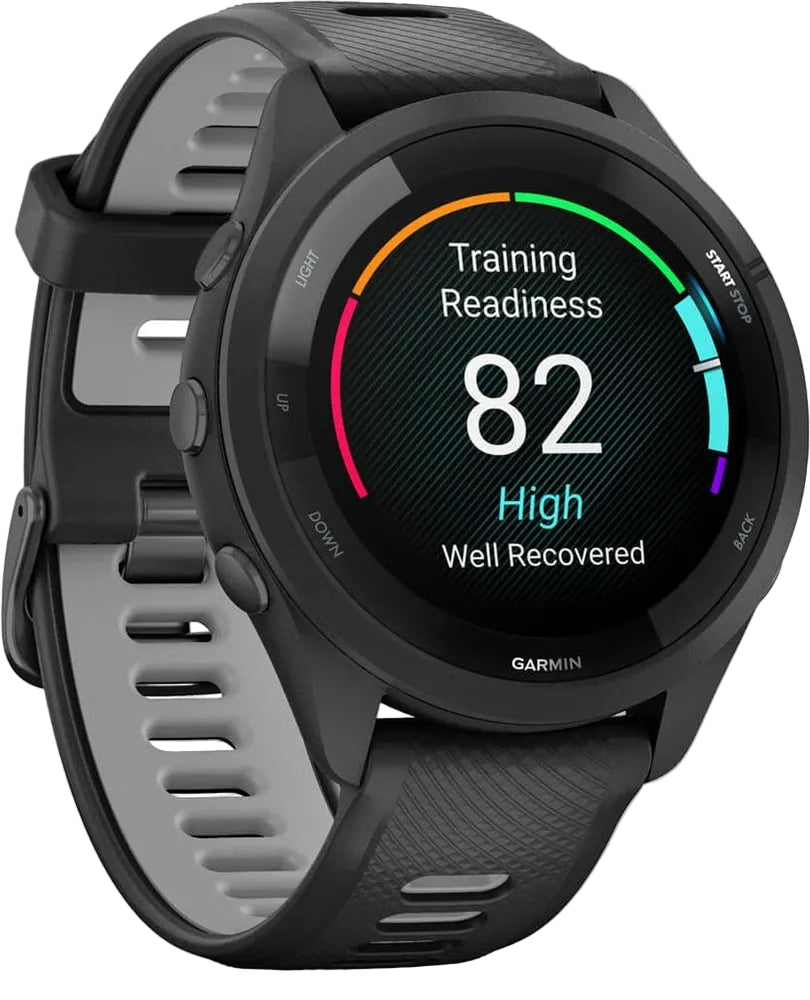 Garmin Forerunner 265 GPS watch accessory with a sleek black band and digital display showing time and activity data.