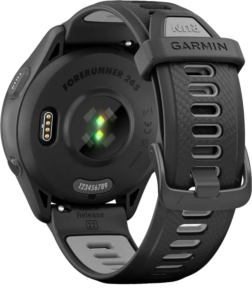 Garmin Forerunner 265 GPS watch accessory with a sleek black band and digital display, designed for fitness tracking.