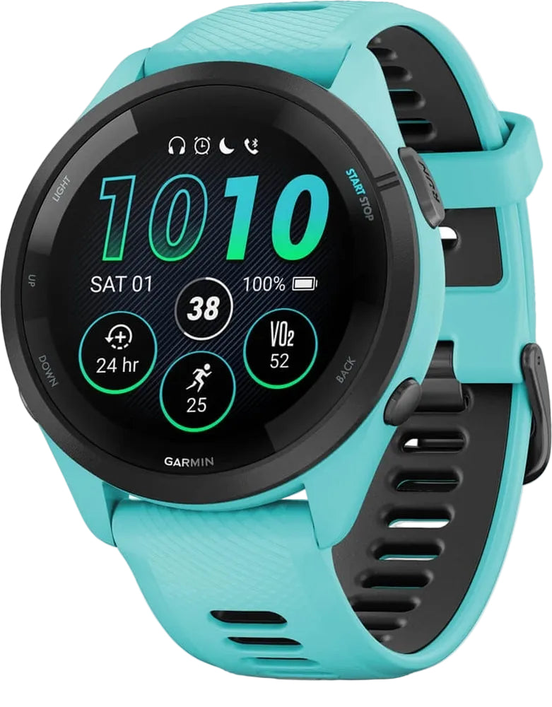 Garmin Forerunner 265 GPS watch accessory with a sleek design and digital display, showcasing the Garmin branding.