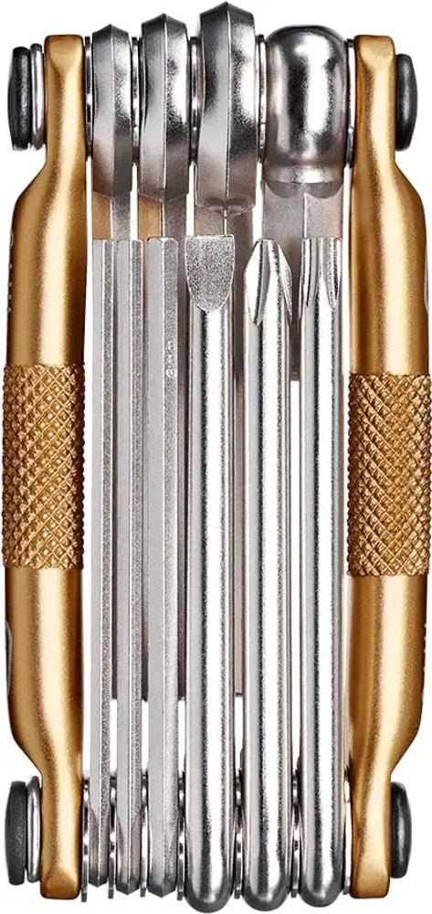 Crankbrothers M10 multi tool with various hex and screwdrivers, compact mountain biking accessories, silver metal construction.