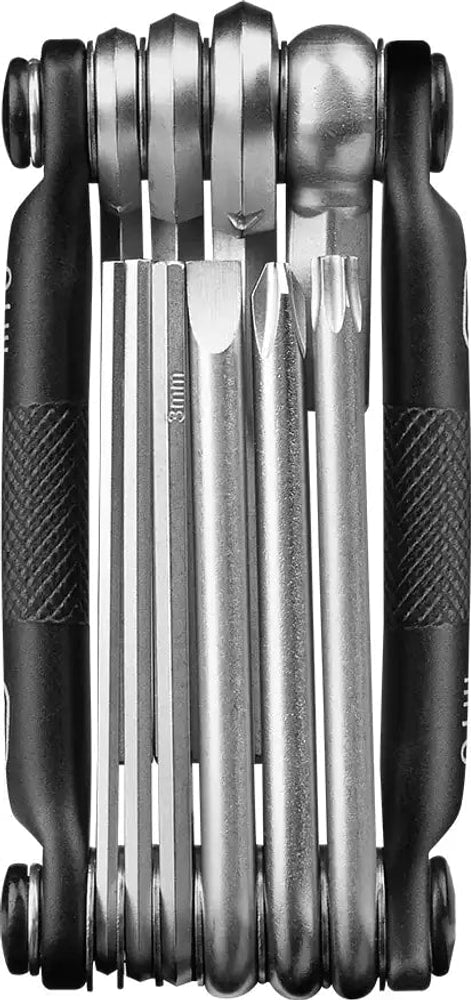 Crankbrothers M10 multi tool with various bike repair tools and hex wrenches, compact accessories for cycling maintenance.