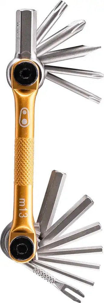 Crankbrothers M13 multi tool with various Allen wrenches, screwdrivers, and chain tool for bicycle repair and maintenance.