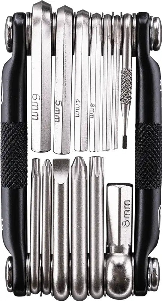 Crankbrothers M13 multi-tool with various bike repair tools and hex keys, compact and portable accessories for cycling repairs.