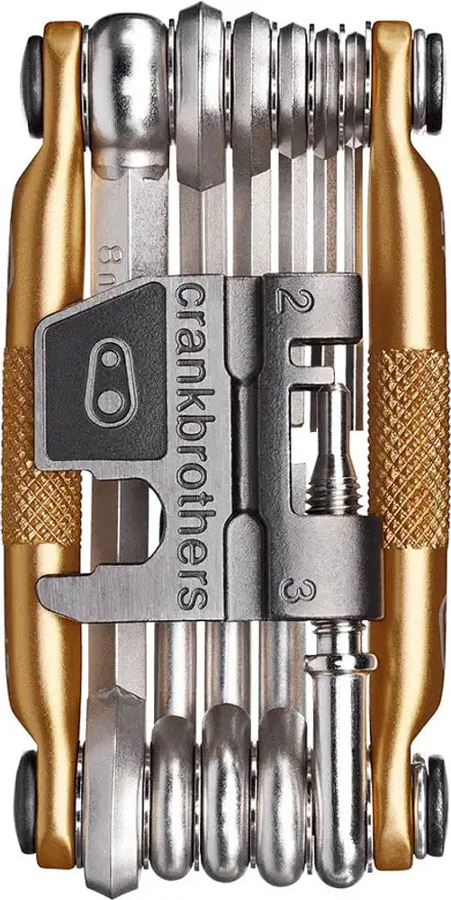 Crankbrothers M17 multi tool with various hex keys, screwdrivers, and a chain tool, designed for bicycle maintenance and repairs.