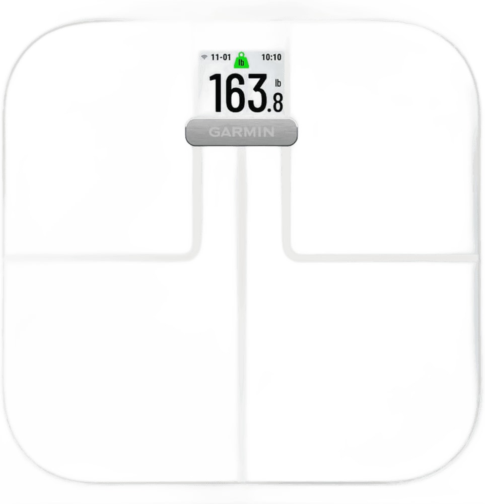 Garmin Index S2 smart scales showing digital display and sleek design, used for weight and body composition tracking.