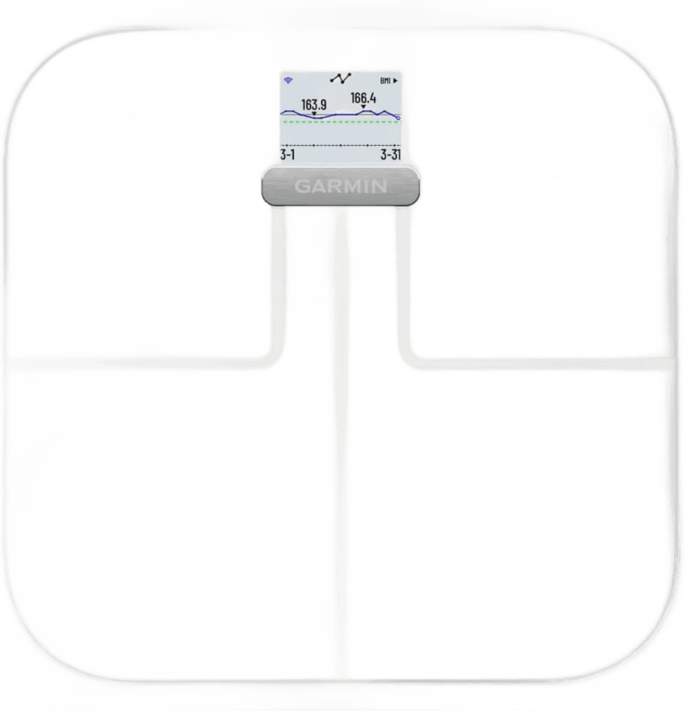 Garmin Index S2 smart scales showing digital display with weight and health metrics on a sleek black surface.