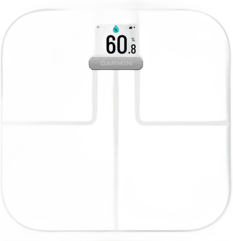 Garmin Index S2 smart scales displaying weight measurement and digital display on a sleek, modern bathroom surface.