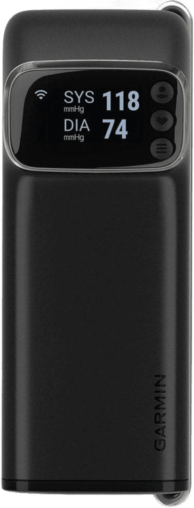Garmin Index BPM smart blood pressure monitor accessory showing the device with digital display and cuff for health tracking.
