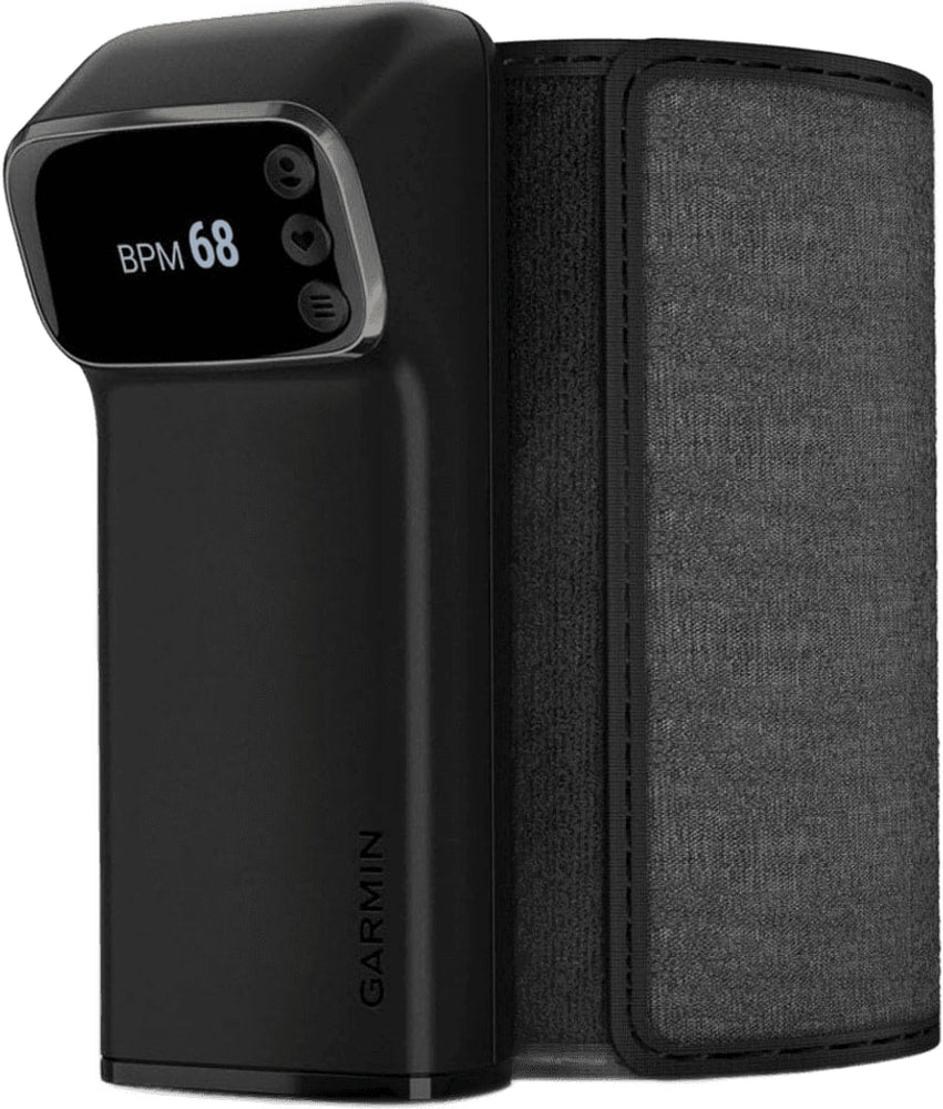 Garmin Index BPM Smart Blood Pressure Monitor accessory showing digital display with blood pressure readings and cuff attachment