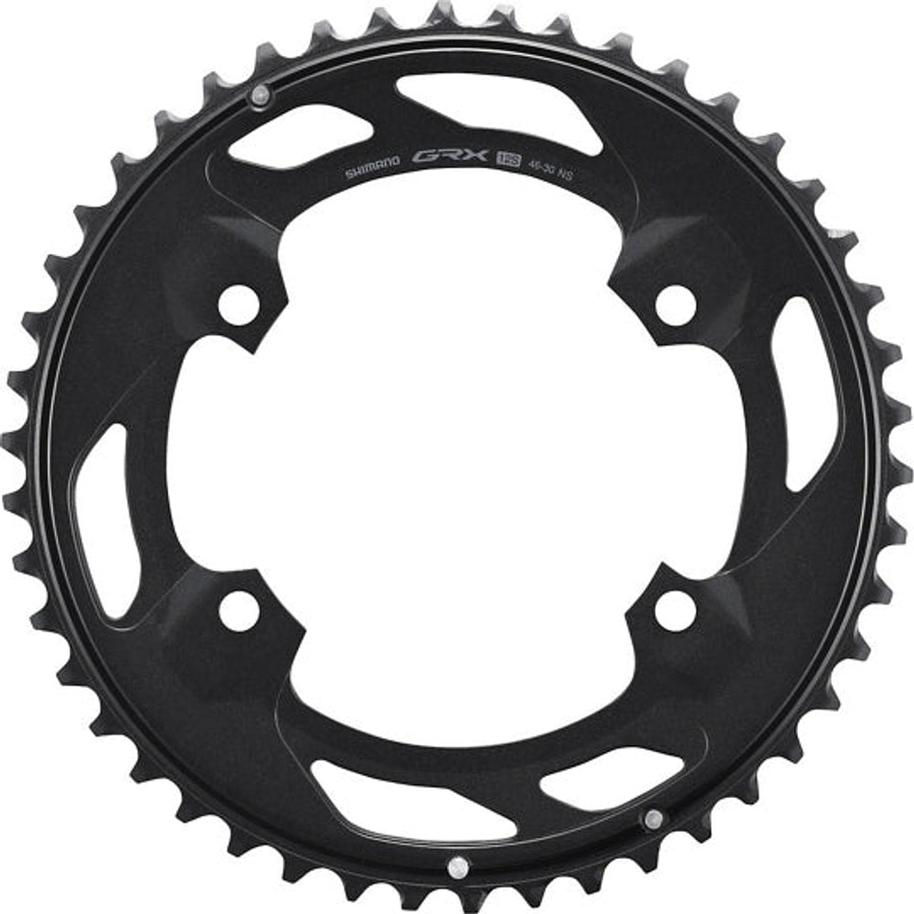 Shimano GRX RX610-2 12-speed chainring for bike parts, showing a close-up of the black metal chainring with gear teeth.