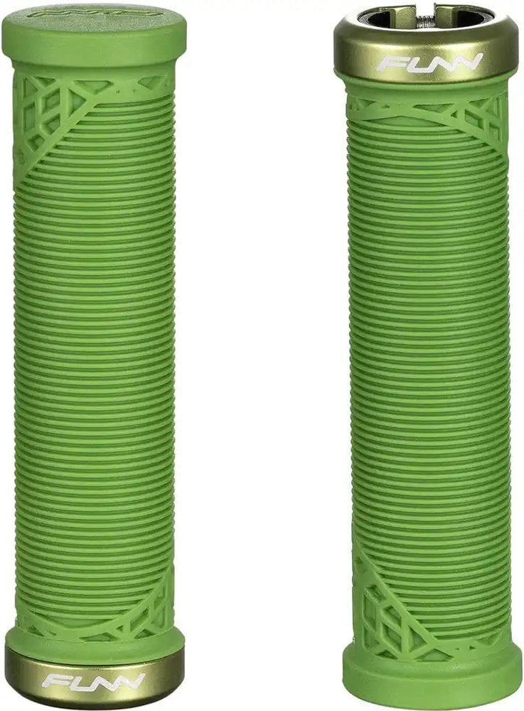 FUNN Hilt Junior lock-on MTB grips shown on a bike handlebar, featuring ergonomic design and vibrant color accents.