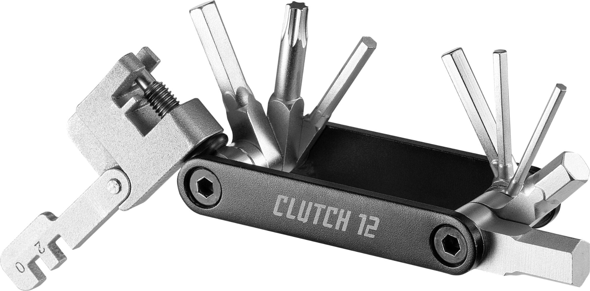 Giant Clutch Box 12 Multi Tool accessories with various tools in a compact black case for versatile use.