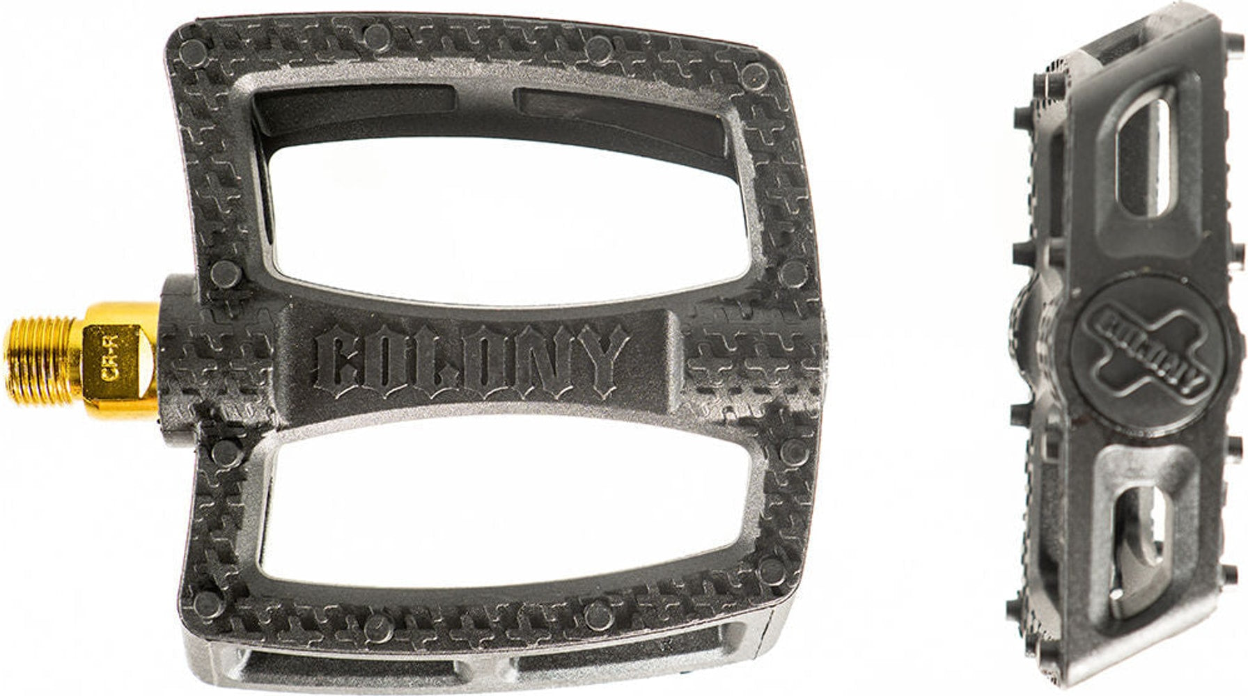 Colony Fantastic BMX pedals with textured black metal platform and metal pins for grip, designed for BMX cycling parts.