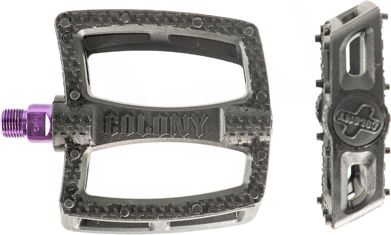 Colony Fantastic BMX pedals in black with metal pins, showing textured platform and sturdy construction for BMX riding.
