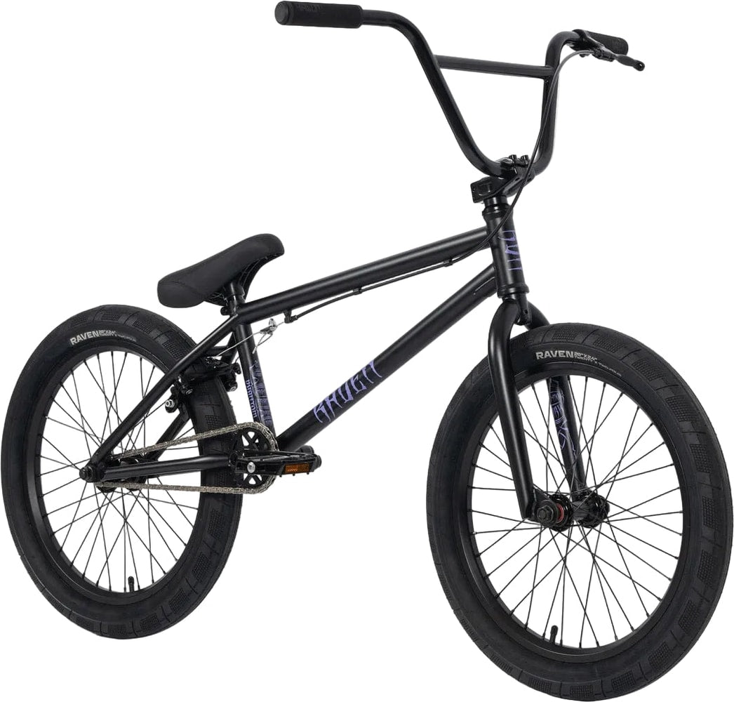 Black Raven Phantom BMX bike with sleek frame and sturdy tires, designed for BMX riding and tricks.