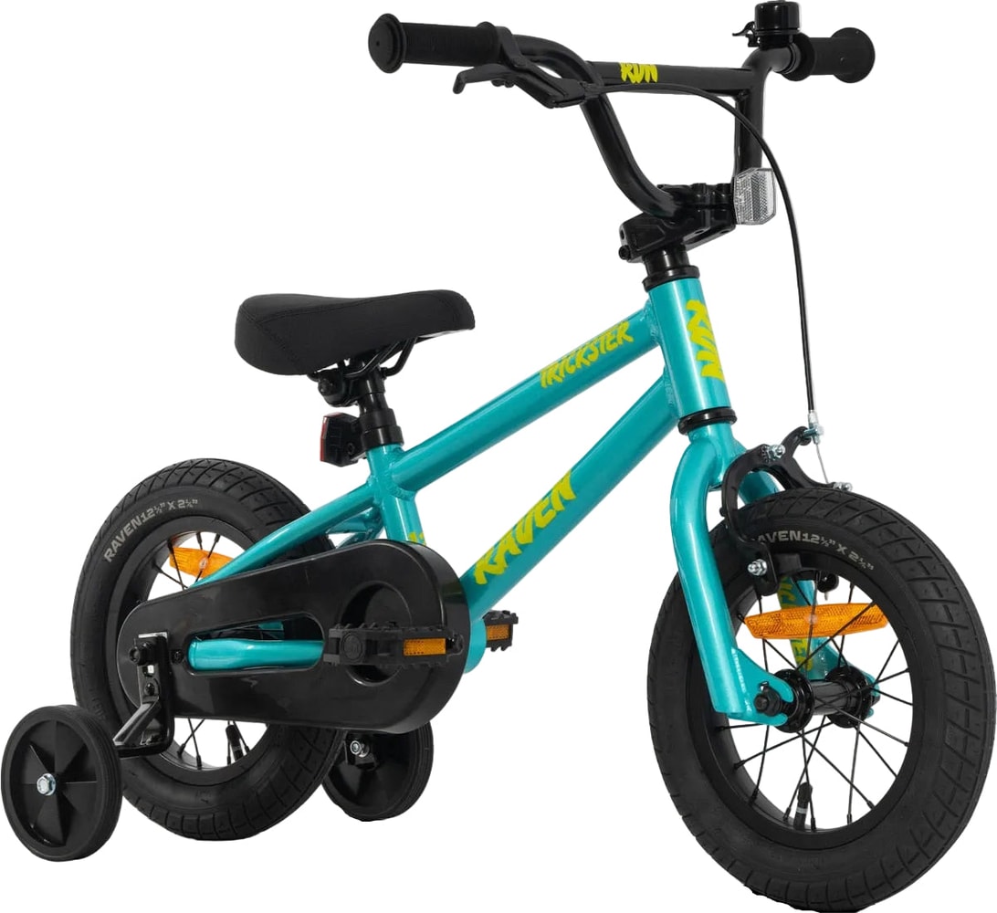 Kids' Raven Trickster 12 bike with colorful frame and training wheels, perfect for young children learning to ride.