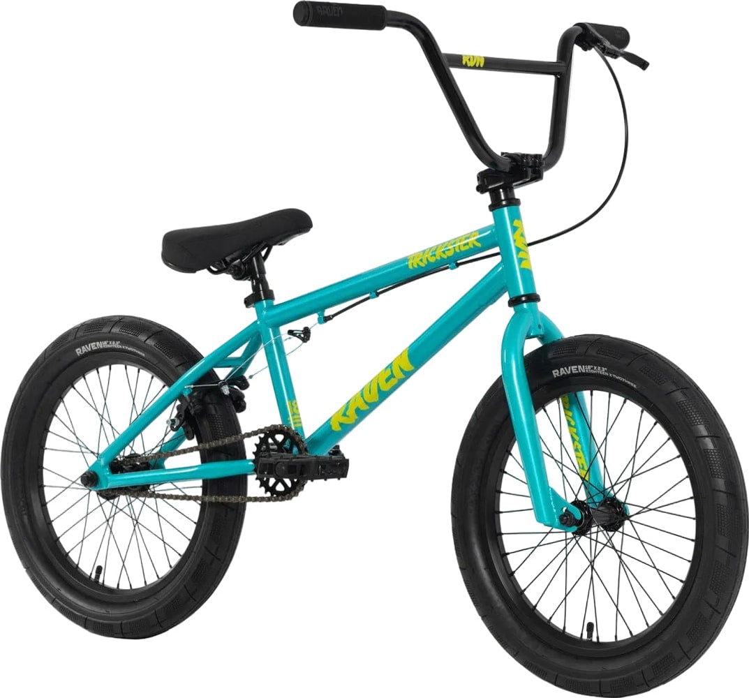 Raven Trickster 18 BMX bike with black frame and colorful accents, designed for young riders and BMX enthusiasts.