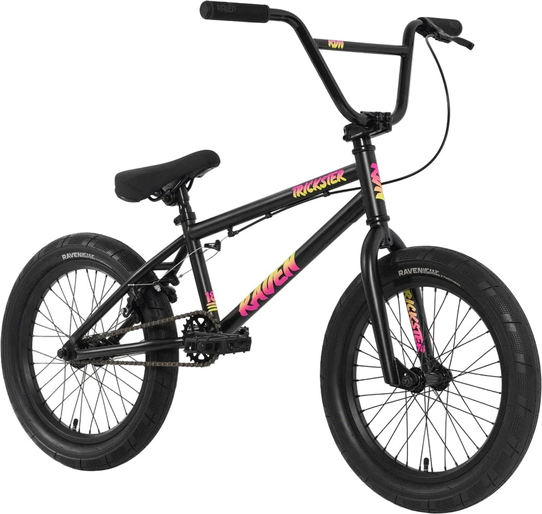 Raven Trickster 18 BMX bike with black frame and colorful accents, ready for riding and tricks.