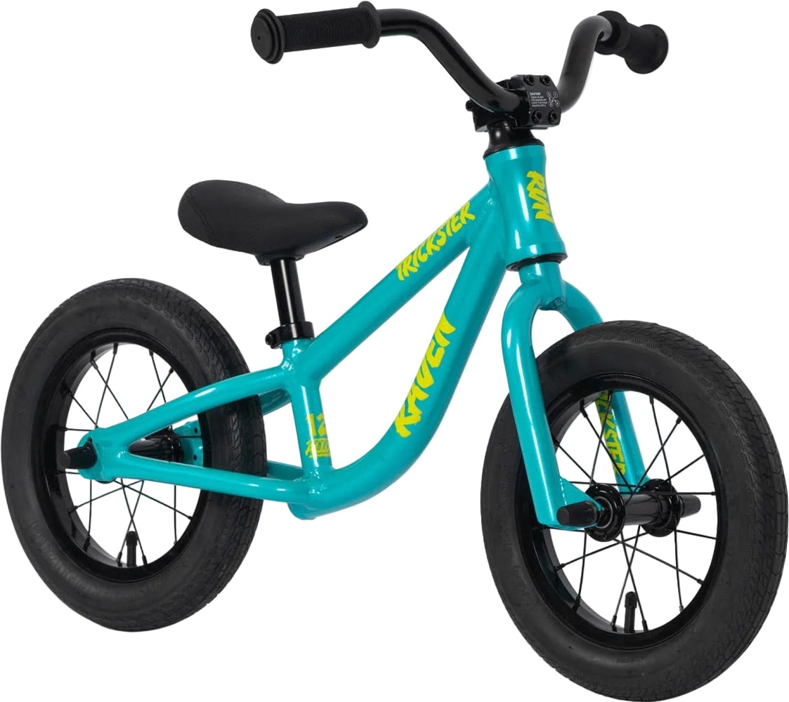 Kids' Raven 2027 Trickster Balance Bike with black frame and colorful handlebar grips for beginner riding and training.