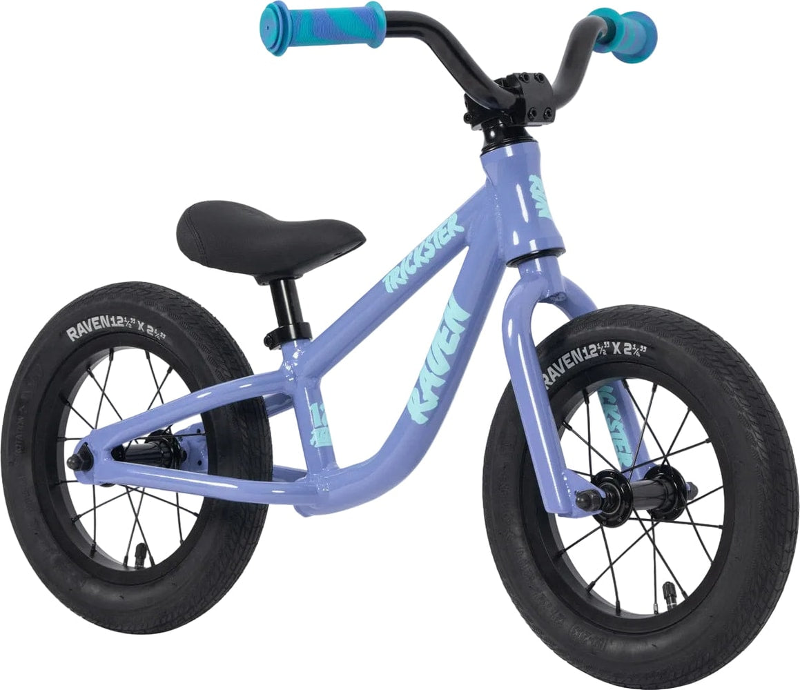 Kids' Raven 2027 Trickster Balance Bike with black frame and colorful handlebar grips, designed for young riders' balance training.
