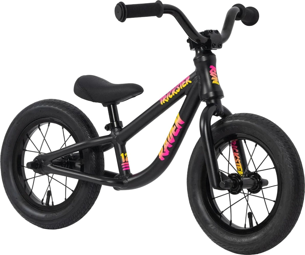 Kids' Raven Trickster Balance Bike with black frame and colorful handlebar grips, designed for young children learning to ride.