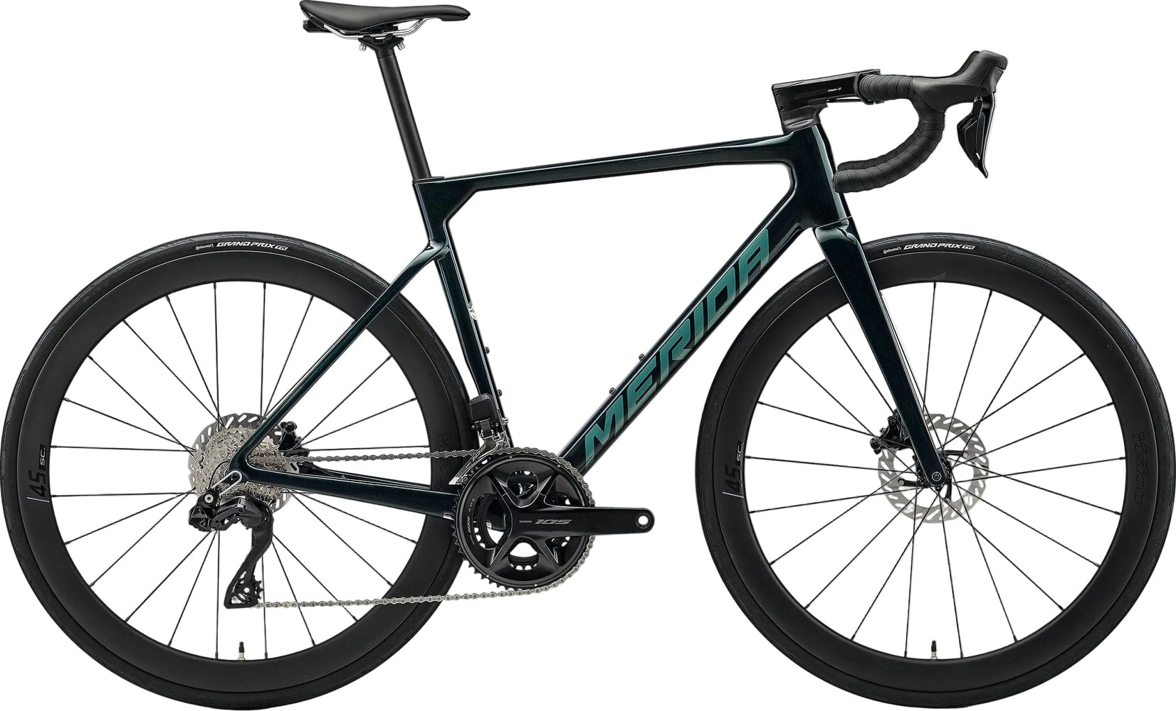 Black Merida Scultura 6000 road bike with lightweight frame and drop handlebars, designed for high-performance cycling.