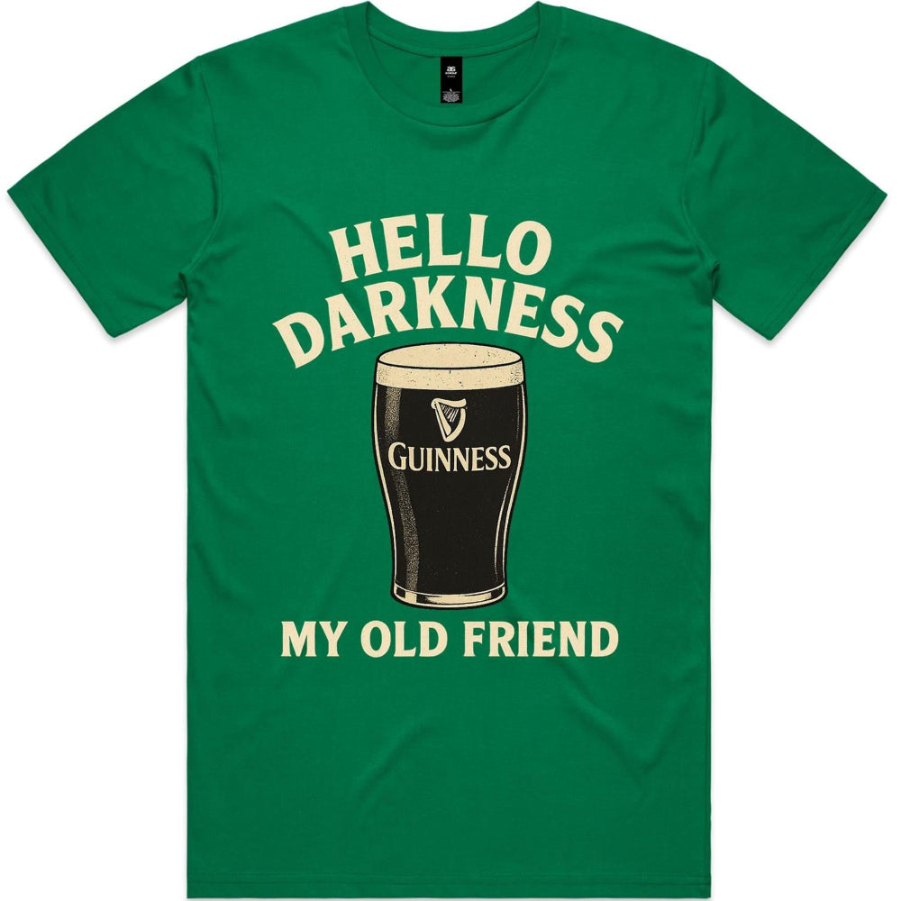 Black men's T-shirt by Ogo Merch featuring the "Hello Darkness My Old Friend" graphic design on the front.