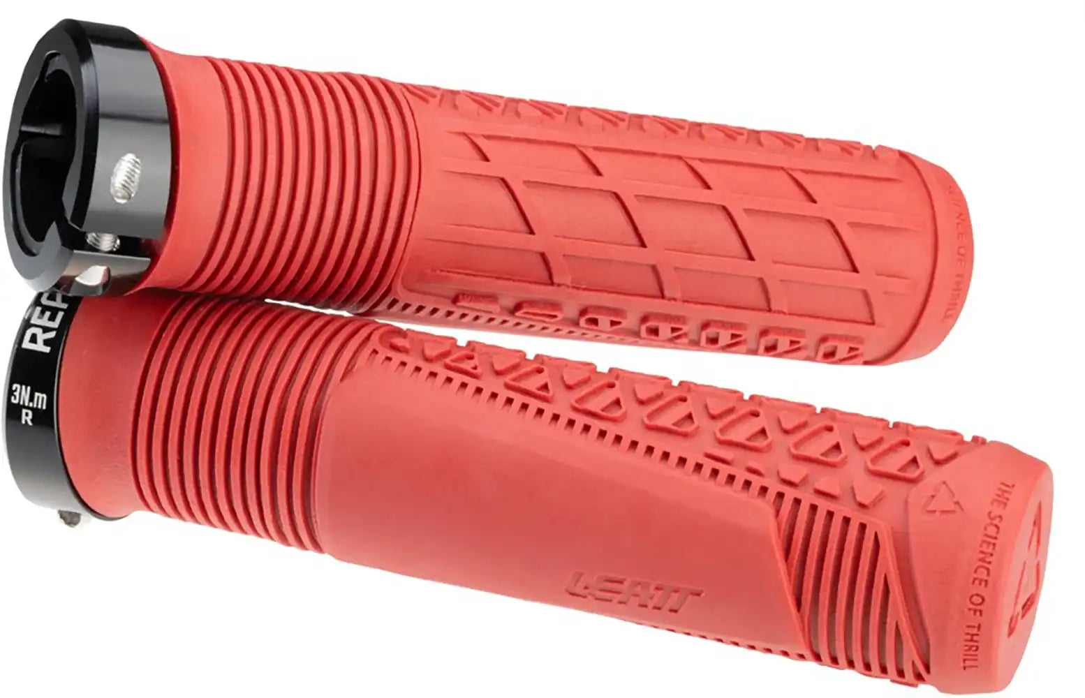 Leatt ReaFlex 6.0 Lock-On MTB grips showing black rubber handles with silver clamp rings for mountain biking.