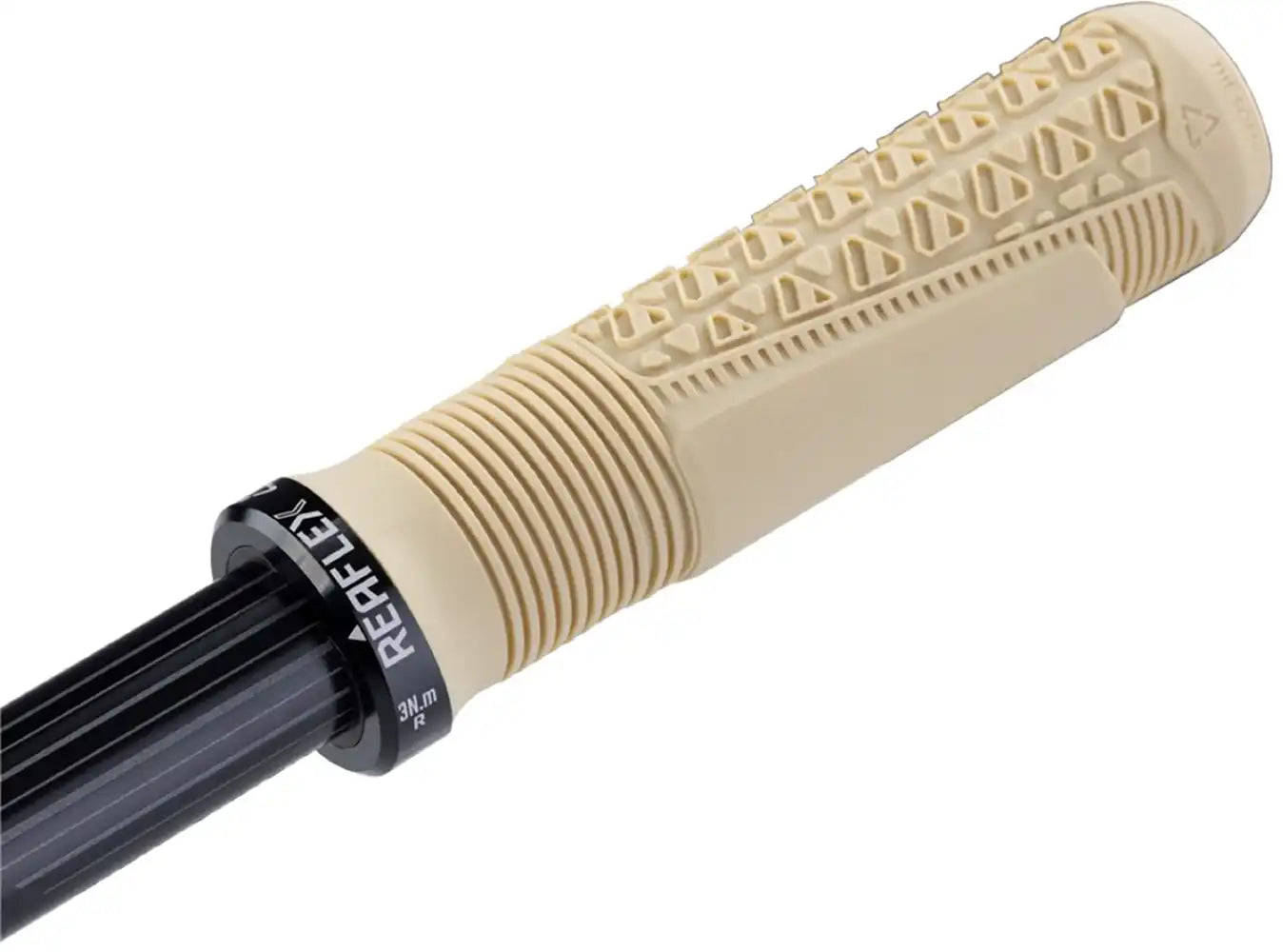 Leatt ReaFlex 6.0 Lock-On MTB grips shown on mountain bike handlebars, featuring ergonomic design and secure lock-on rings.