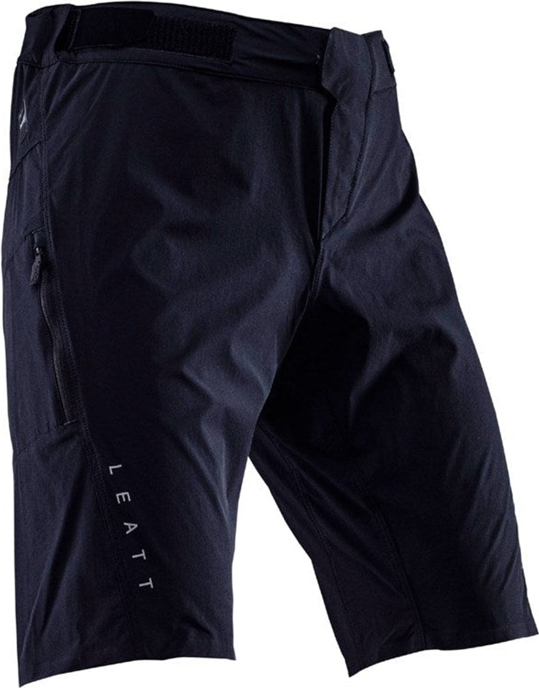 Leatt Trail 1.0 men's MTB shorts in black, lightweight cycling clothing with adjustable waist and multiple pocket closures.