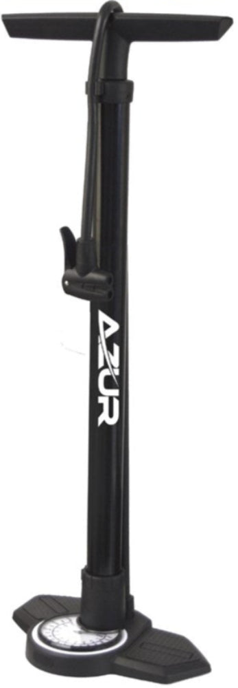 Azur Mistral dual head floor pump for bike tires, featuring sturdy metal construction and easy-to-use pressure gauge.
