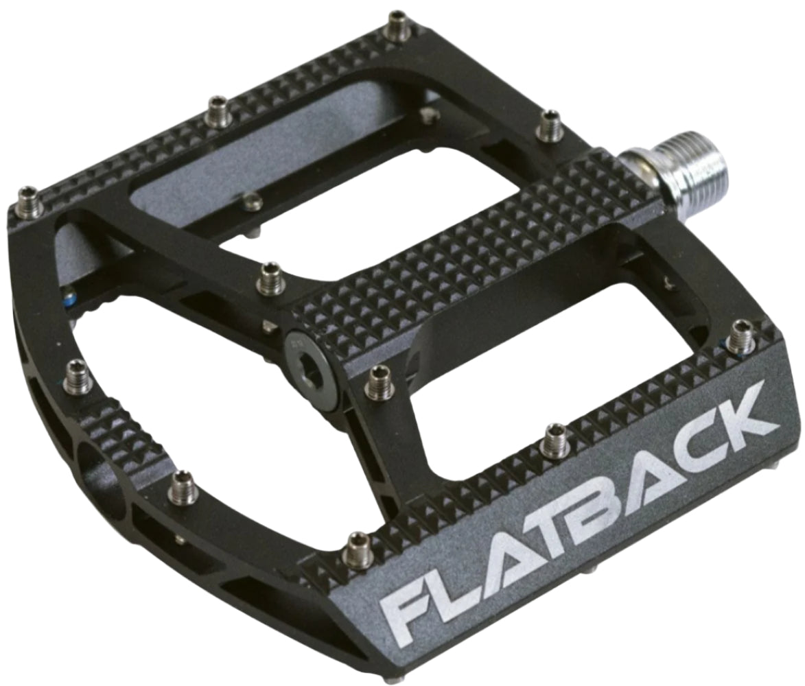 Azur Flatback MTB platform pedals, black bike pedals with textured surface for improved grip, designed for mountain biking.