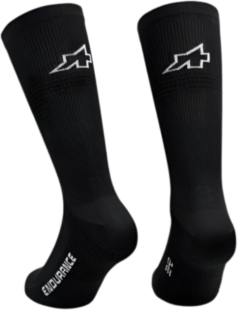 Assos Endurance S11 men's socks in black, featuring moisture-wicking fabric and reinforced toe and heel for cycling comfort.