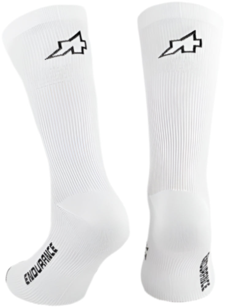 Assos Endurance S11 men's cycling socks in black with logo, featuring breathable fabric and reinforced heel and toe areas.