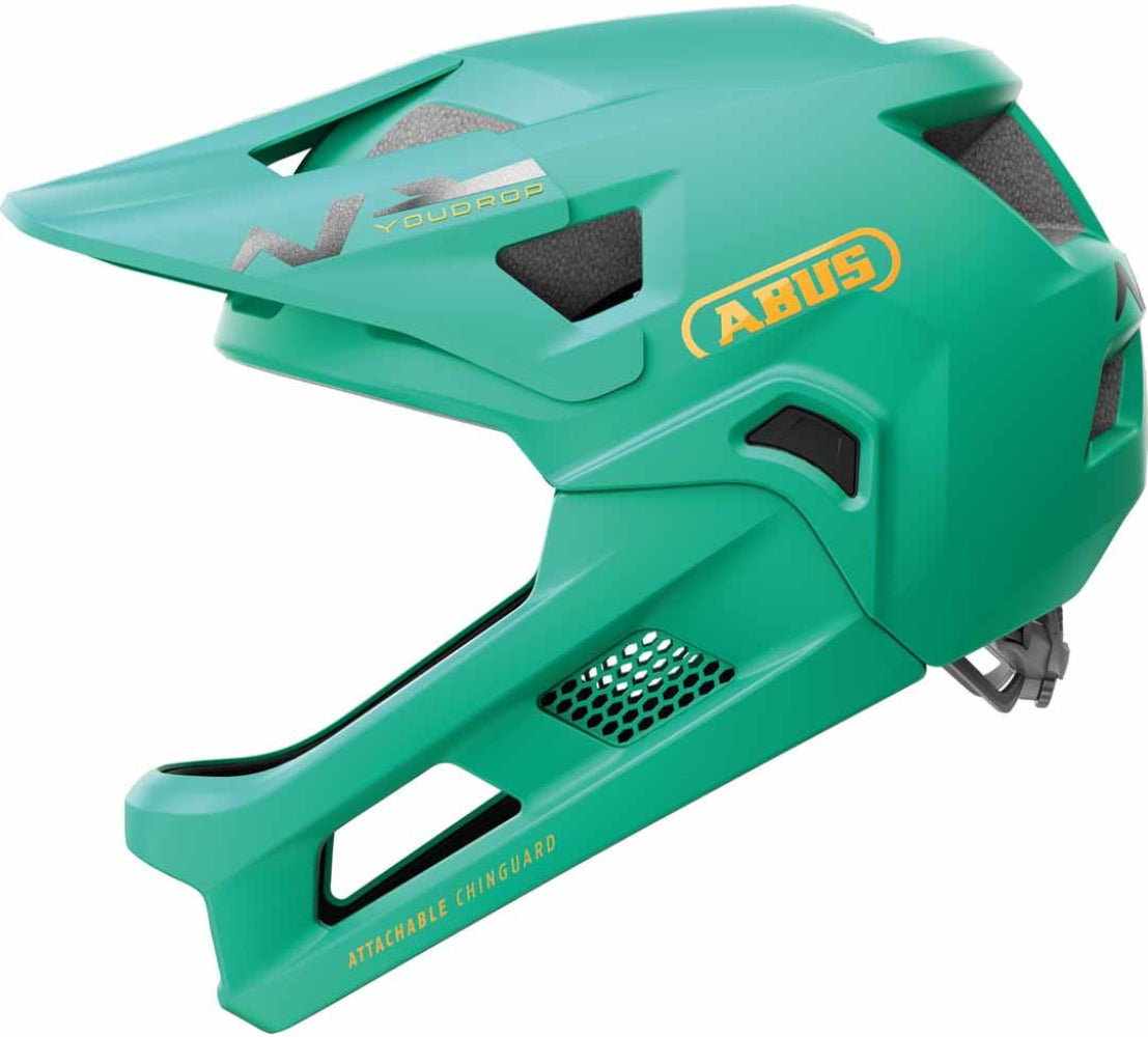 Abus YouDrop Youth full face helmet with adjustable straps and ventilation for safe biking and skateboarding.