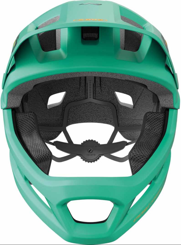Abus YouDrop Youth full face helmet with vibrant colors and ventilation, designed for young cyclists' safety and comfort.