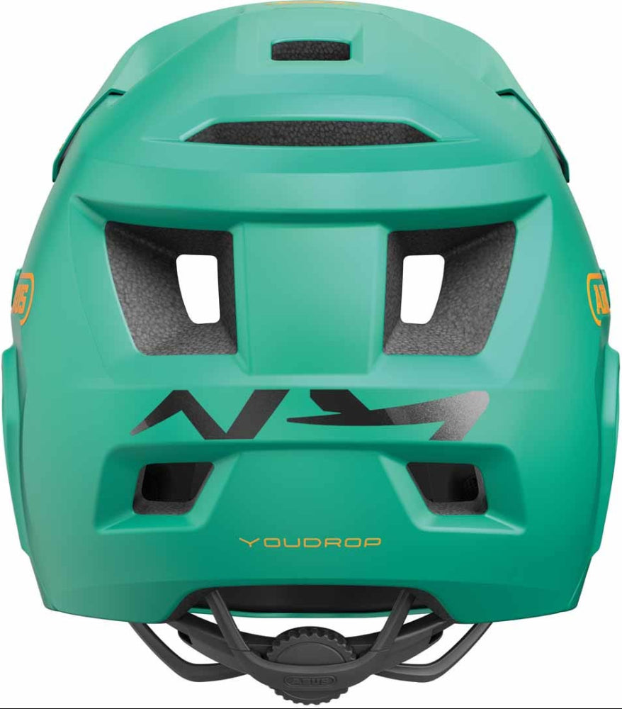 Abus YouDrop Youth Full Face Helmet in vibrant colors with adjustable straps and ventilation for safety and comfort.
