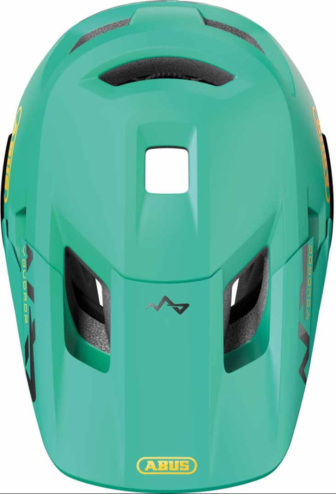 Abus YouDrop Youth full face helmet with adjustable straps and ventilation, designed for safe biking and skateboarding.