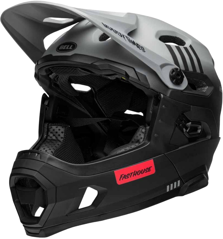 Bell Super DH FASTHOUSE Taco Tuesday spherical MIPS full face helmet with black and red design, multiple vents, and secure chin strap.