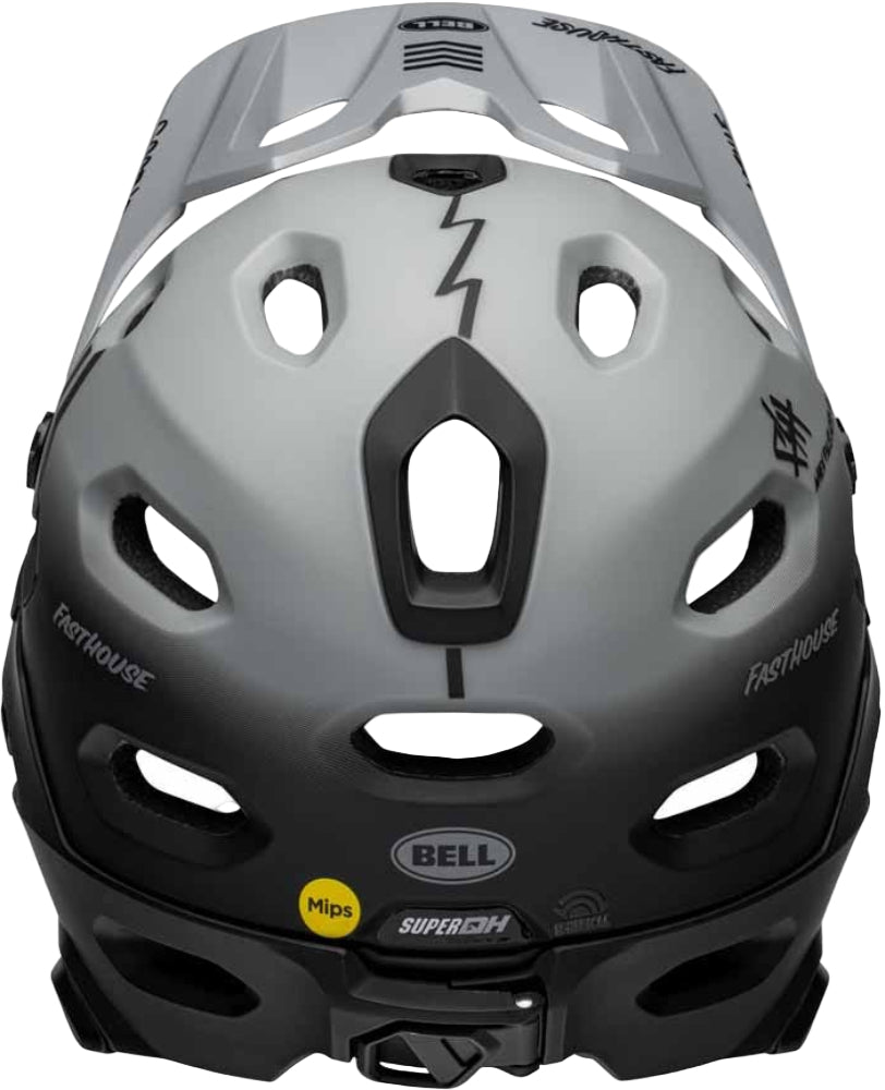 Bell Super DH FASTHOUSE Taco Tuesday spherical MIPS full face helmet with black and white design and adjustable straps.