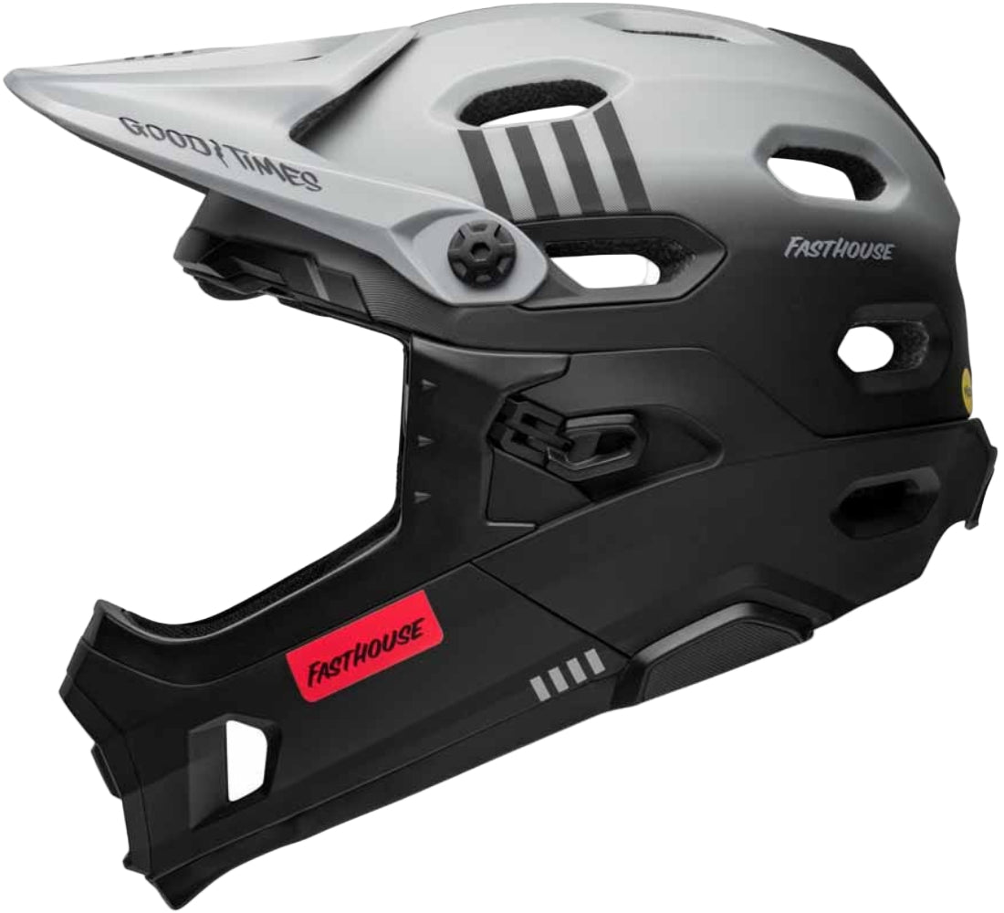 Bell Super DH FASTHOUSE Taco Tuesday spherical MIPS full face helmet with vents and adjustable straps, shown from side view.