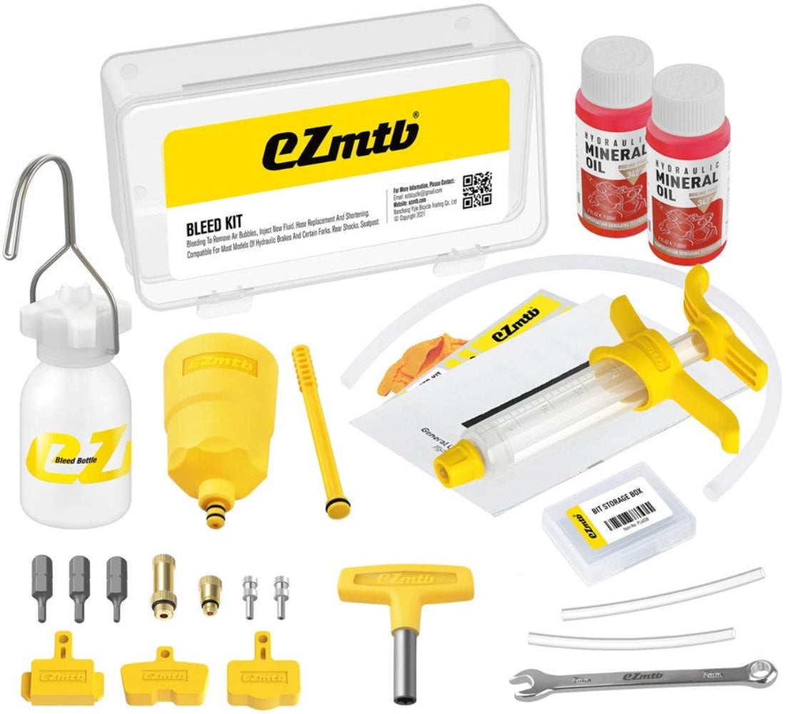 EZmtb Shimano mineral oil disc brake bleed kit with accessories, including syringes and hoses for efficient brake maintenance.