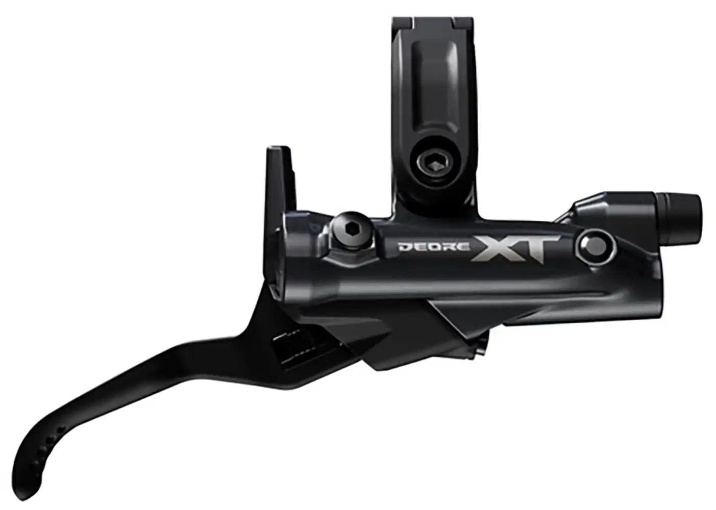 Shimano XT M8200 hydraulic brake lever for mountain bike, showing the black lever with branding and ergonomic design.