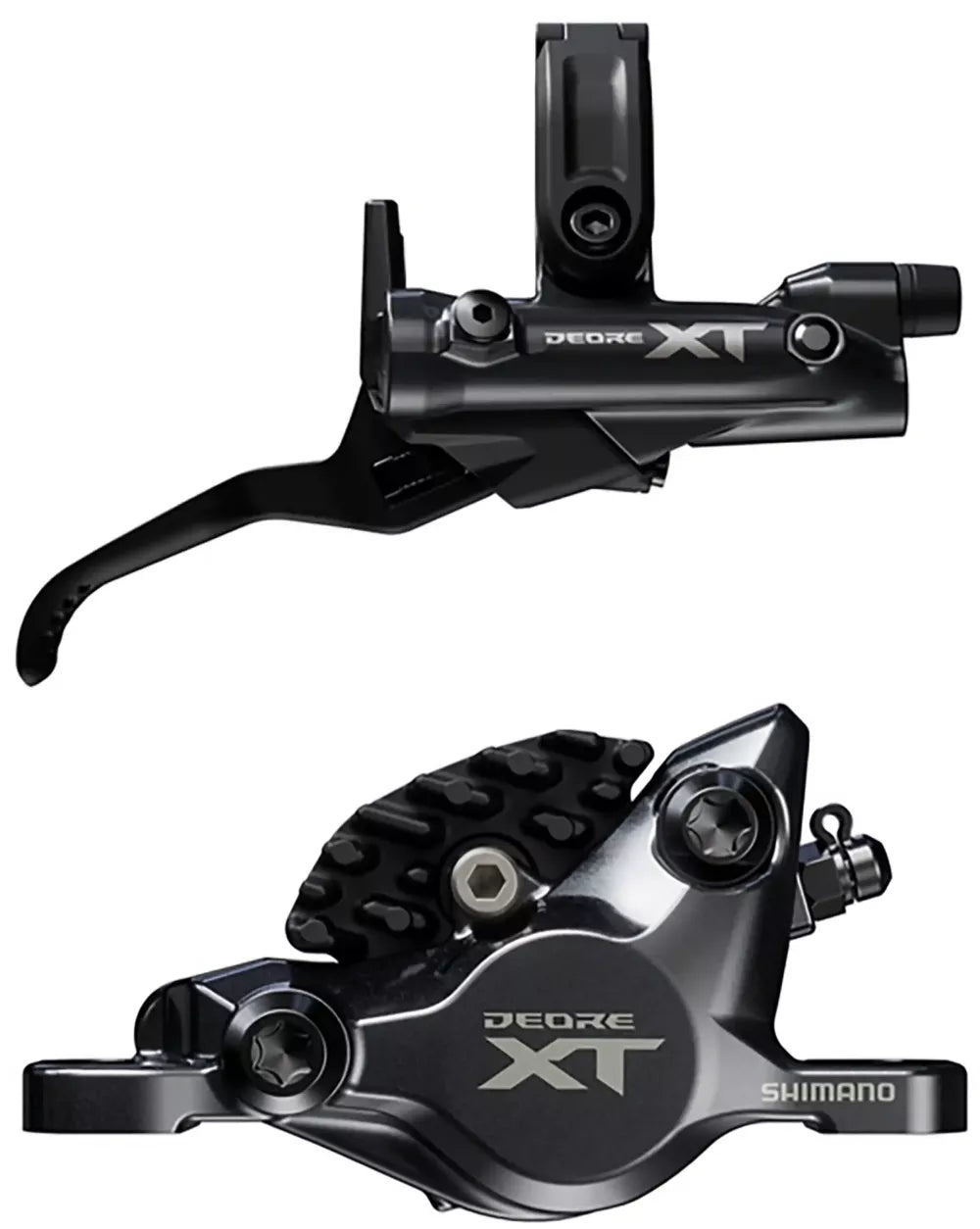Shimano XT XC M8200 hydraulic disc brake caliper for mountain bike, showing the black brake component with branding and mounting points.